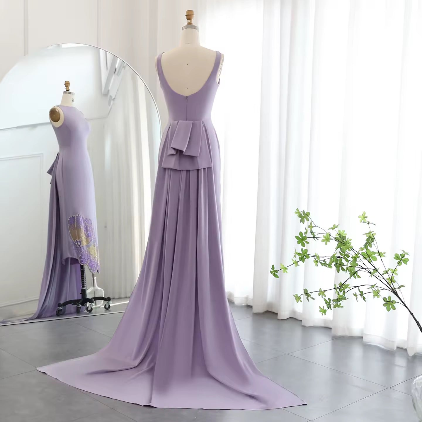 Elegant Fitted Gown with Beaded Butterfly Detail