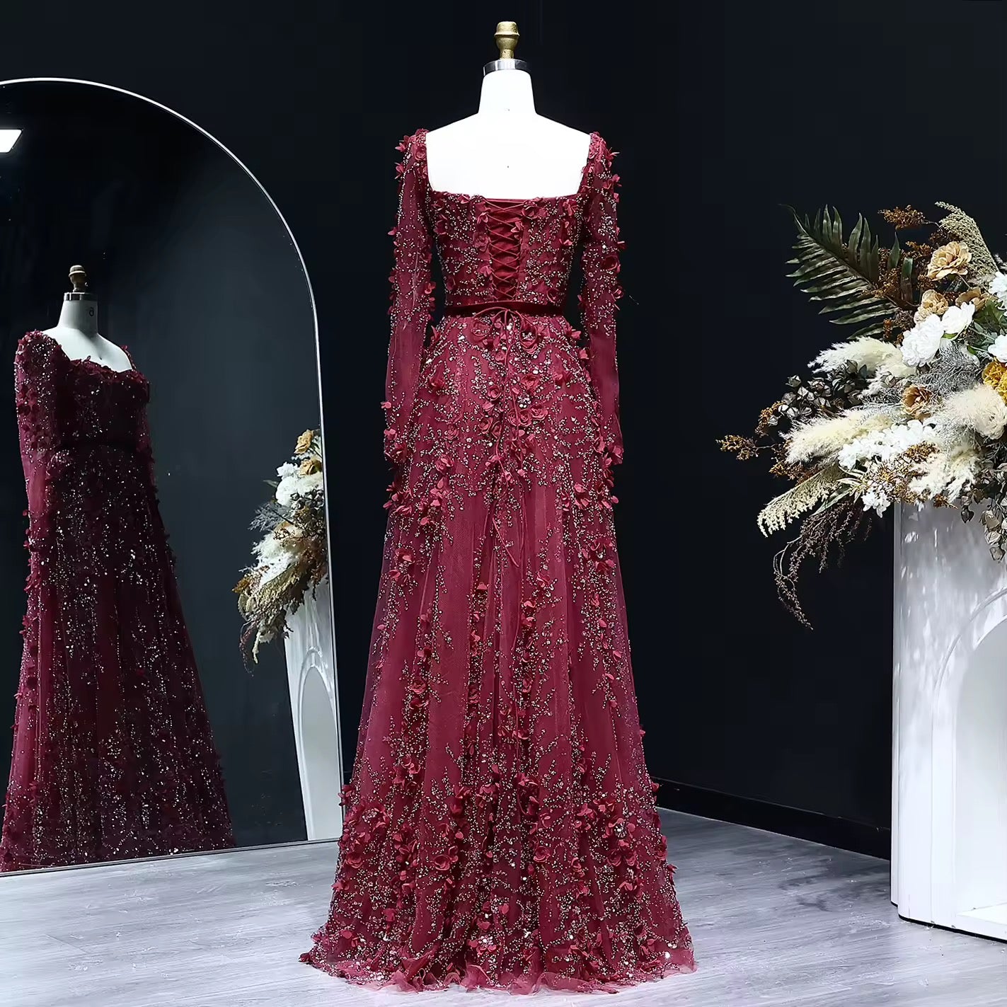 Luxury 3D Flower Long Sleeves Evening Dress
