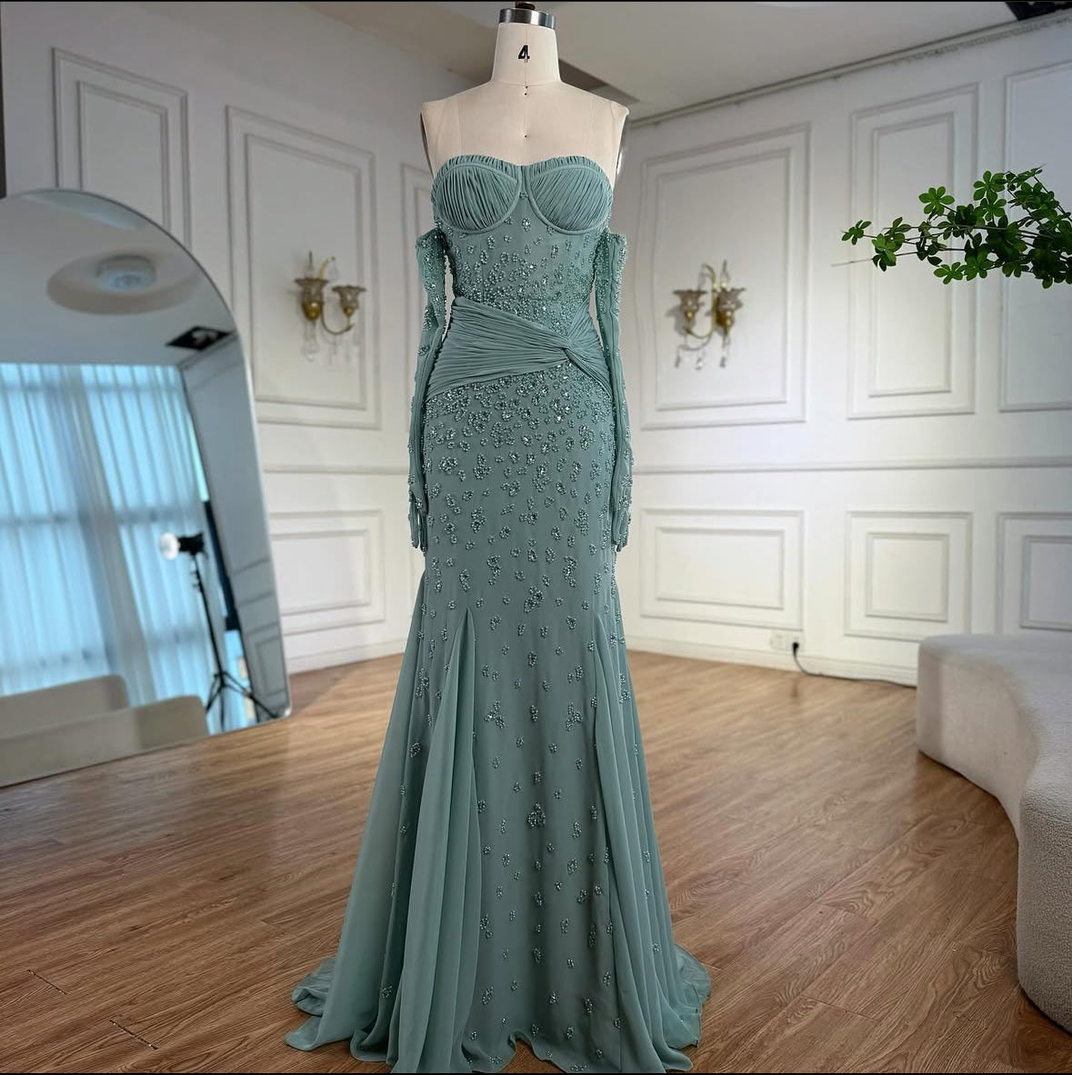 Sage Green Embellished Gown with Coordinated Gloves