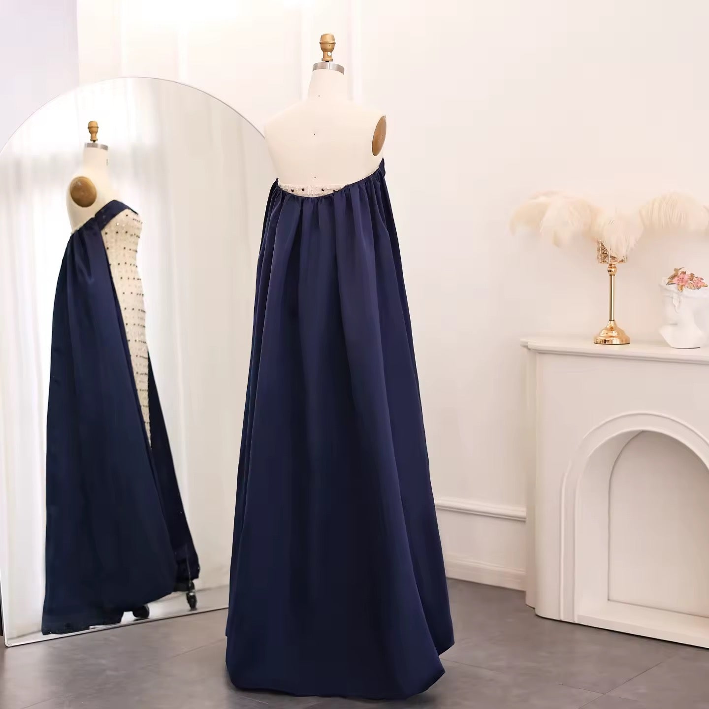 Navy Blue White Strapless Luxury Evening Dress with Cape Midi