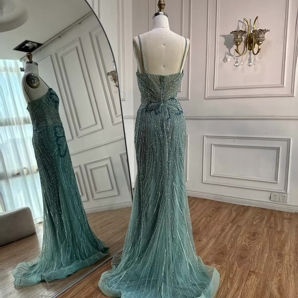 Beaded Evening Gown Available in Emerald Green & Nude