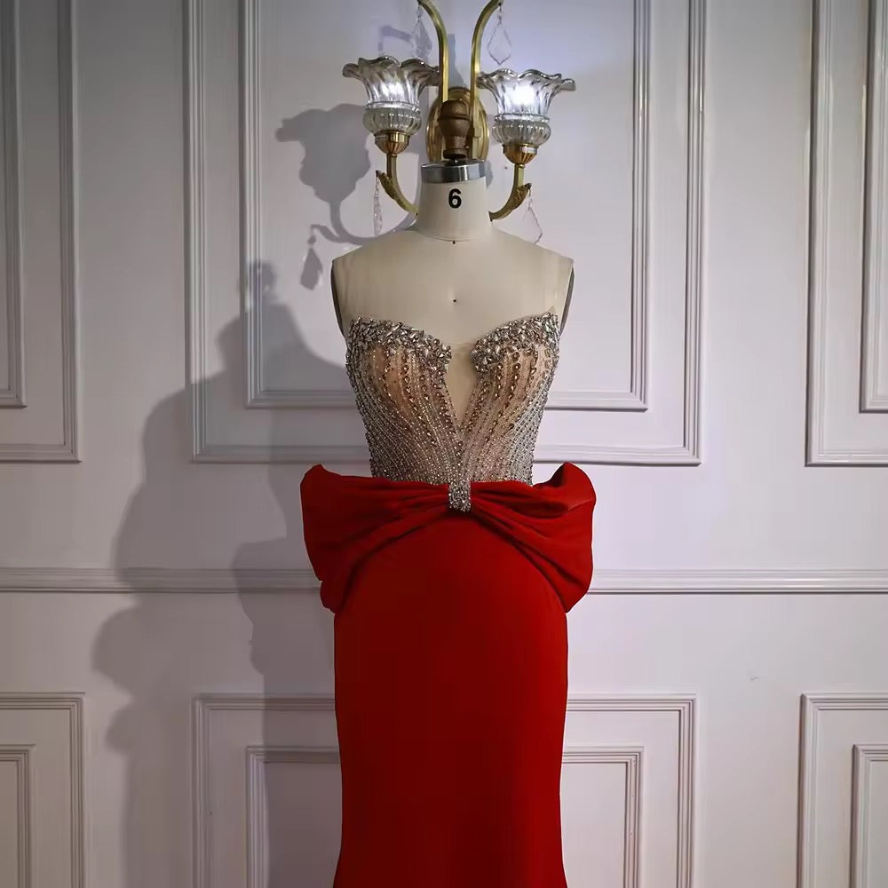 Red Evening Gown with Statement Bow & Luxurious Beading