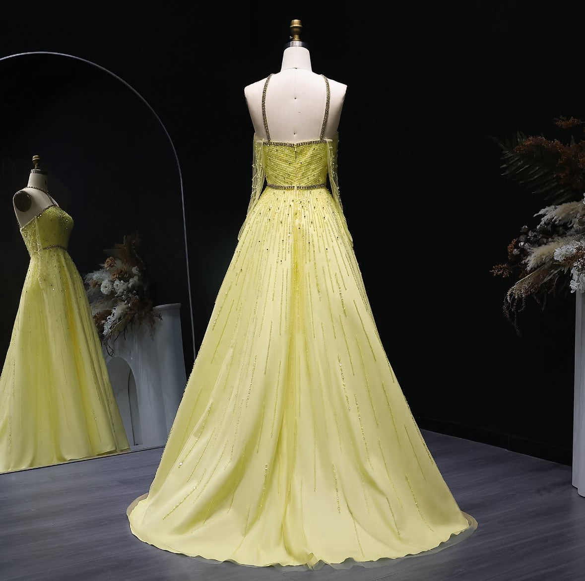 Yellow Beaded Dress with Gloves and Unique Neckline