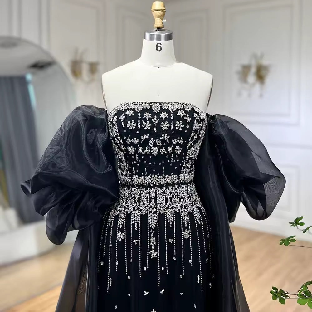 Black Puff Sleeves Evening Dress Gowns Beaded