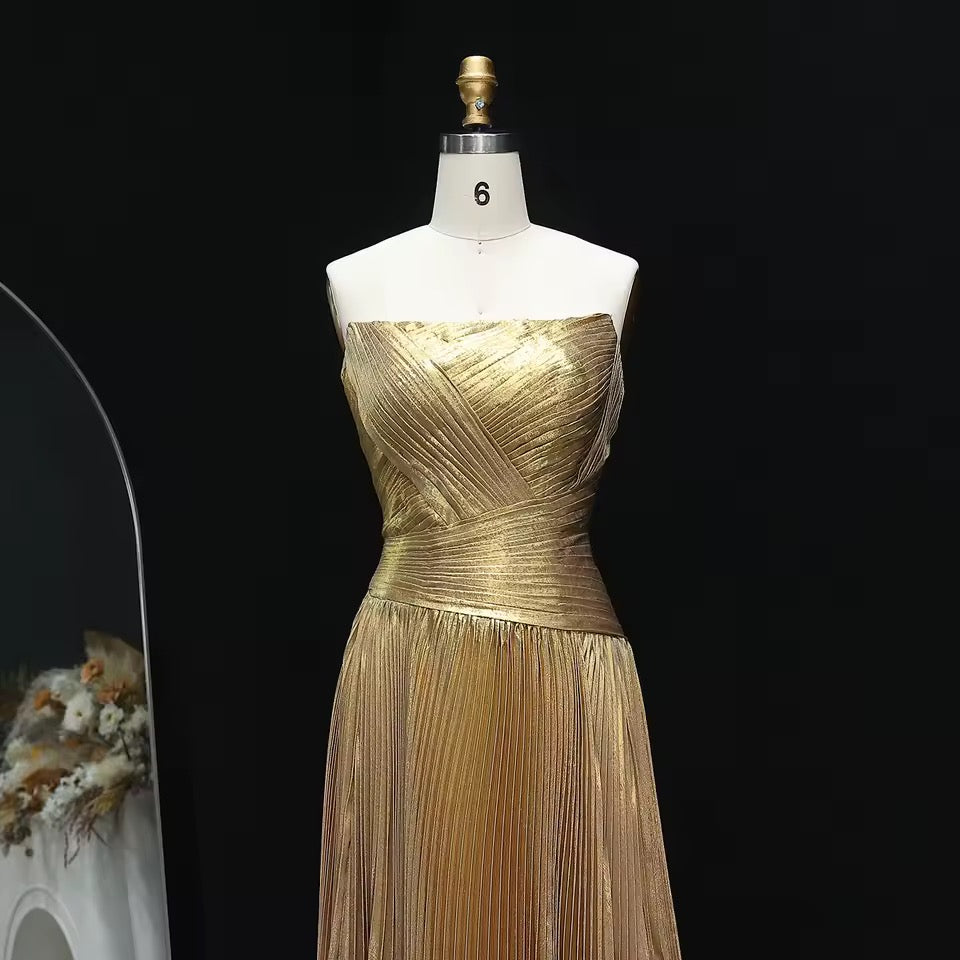 “Gleaming Gold” Gown – Strapless Metallic Pleated Dress with Sculpted Corset Bodice