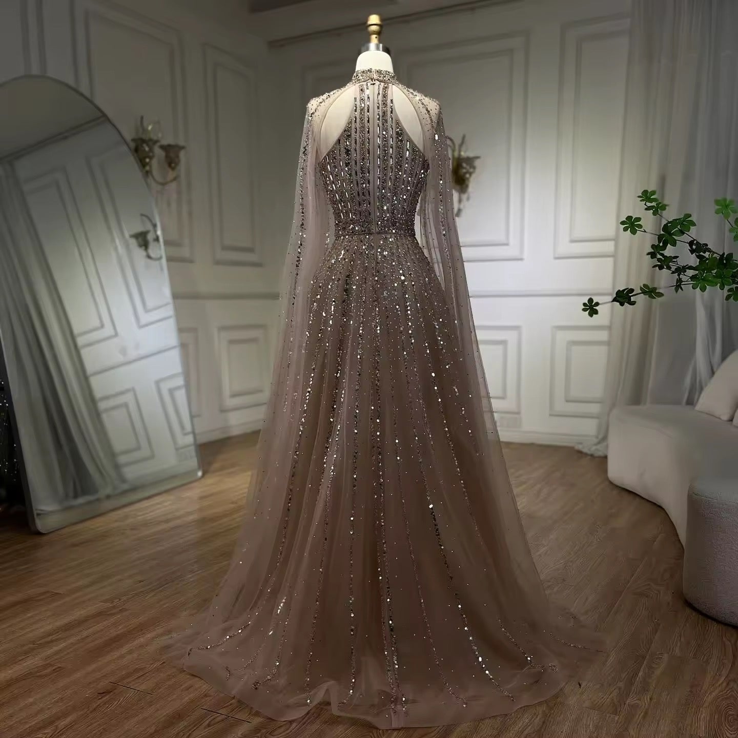 High-Neck Evening Gown with Sparkling Tulle Cape