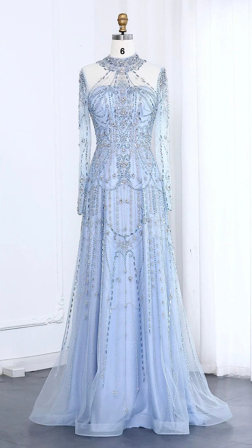 Blue Long Sleeves High Neck Luxury Evening Dress