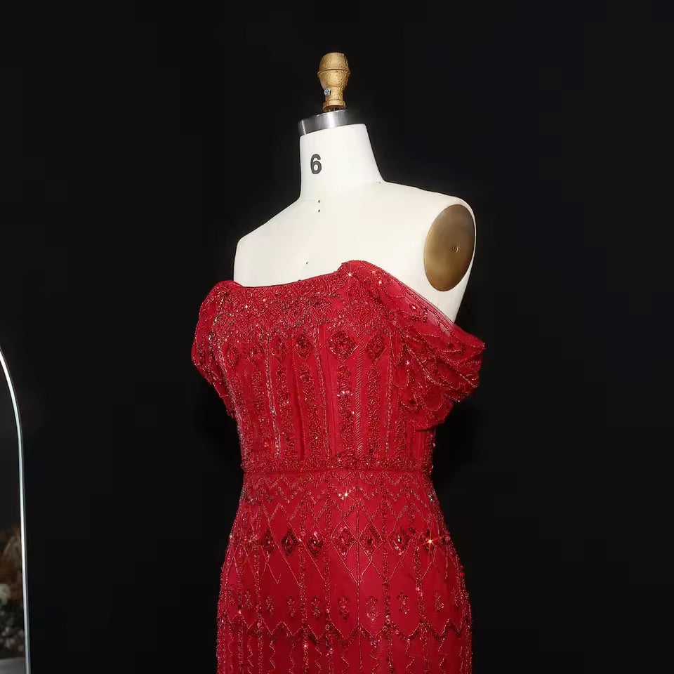 Crystal Glow” Gown – Off-shoulder embellished evening dress, available in two sleeve styles