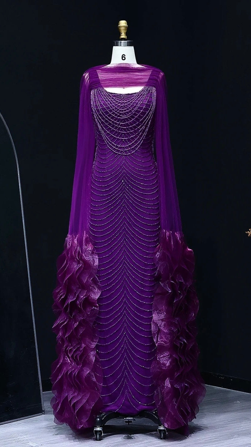Luxury Beading Purple Evening Dress with Cape Sleeves