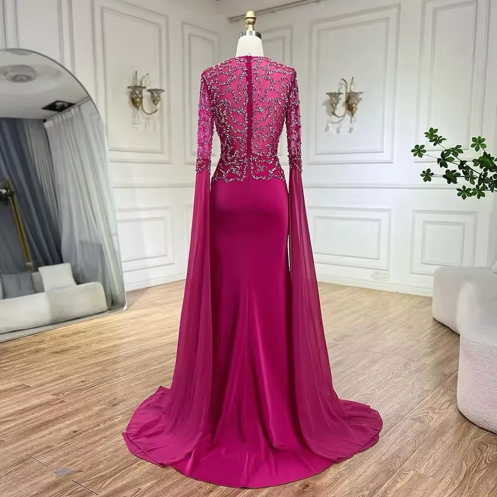 Fuchsia Mermaid Evening Dress, Beaded with Elegant Cape Sleeves