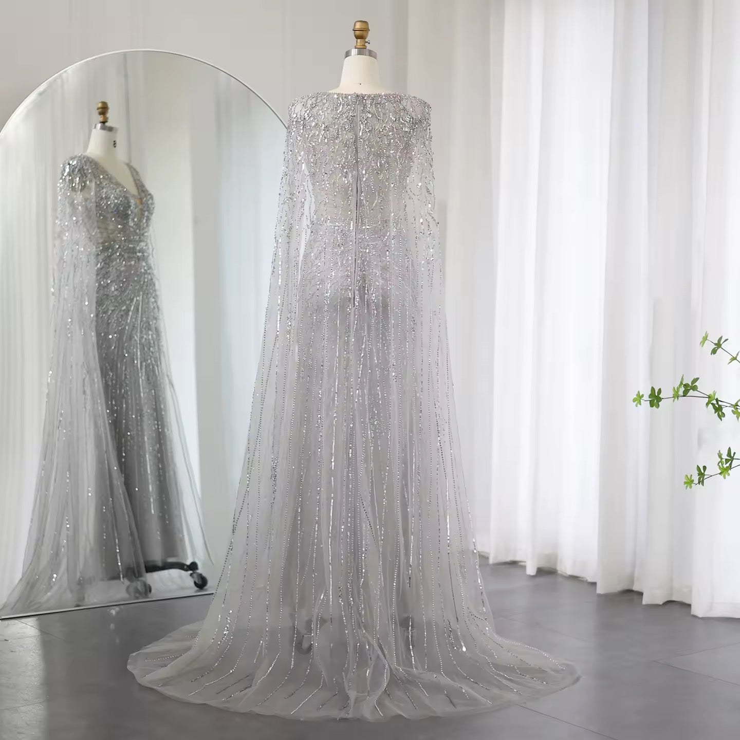 Luxury Evening Dress with Cape V-Neck