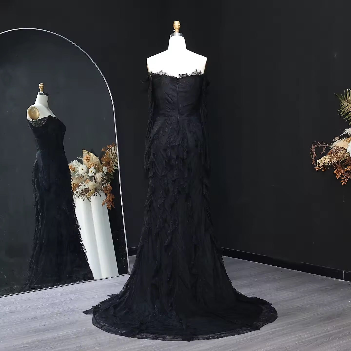 Lace Off Shoulder Evening Dress with Long Sleeves