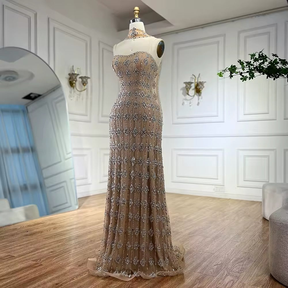 Nude Strapless Beaded A-Line Evening Dress