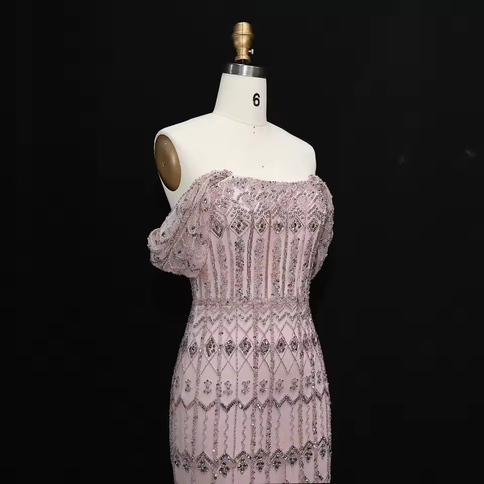 Crystal Glow” Gown – Off-shoulder embellished evening dress, available in two sleeve styles