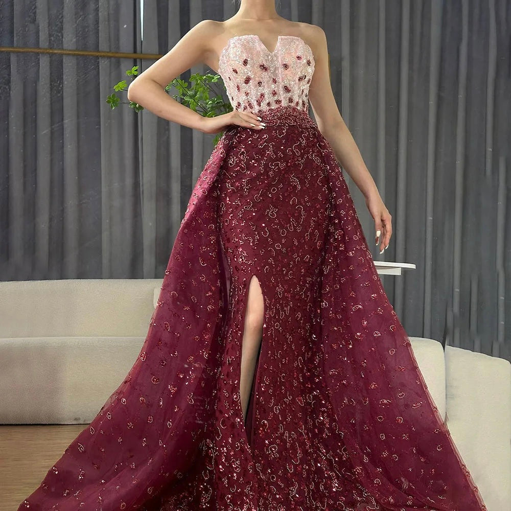 Elegant Burgundy-Blue Ball Gown with Embellished Corset