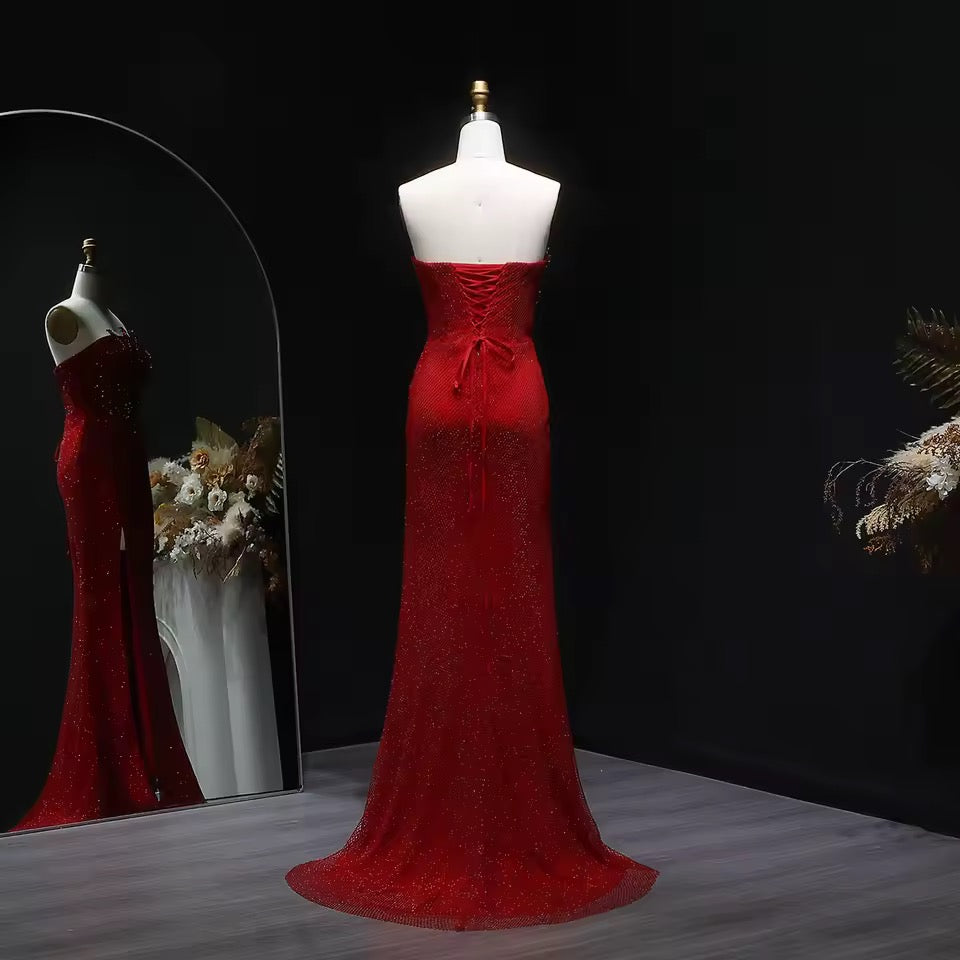 Flame of Elegance” Dress Burgundy Embellished with Crystals Featuring a Side Slit