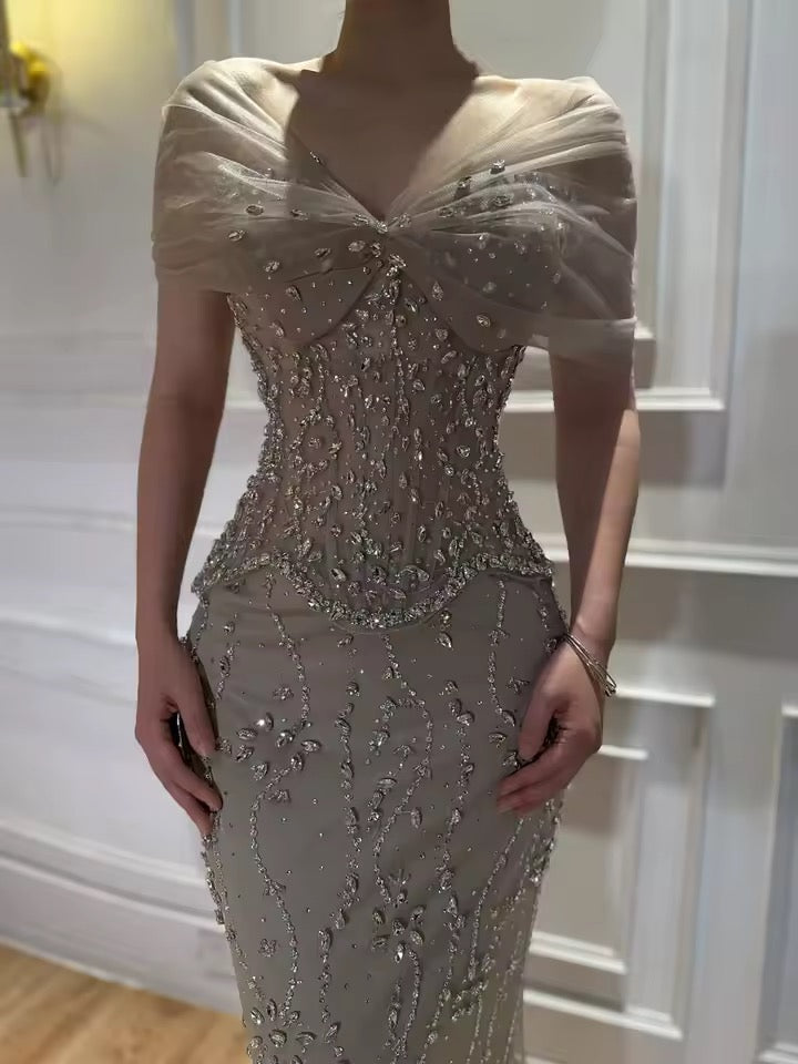 Luxury Peach Blossom Corset Gown with Crystal Rain Embroidery
