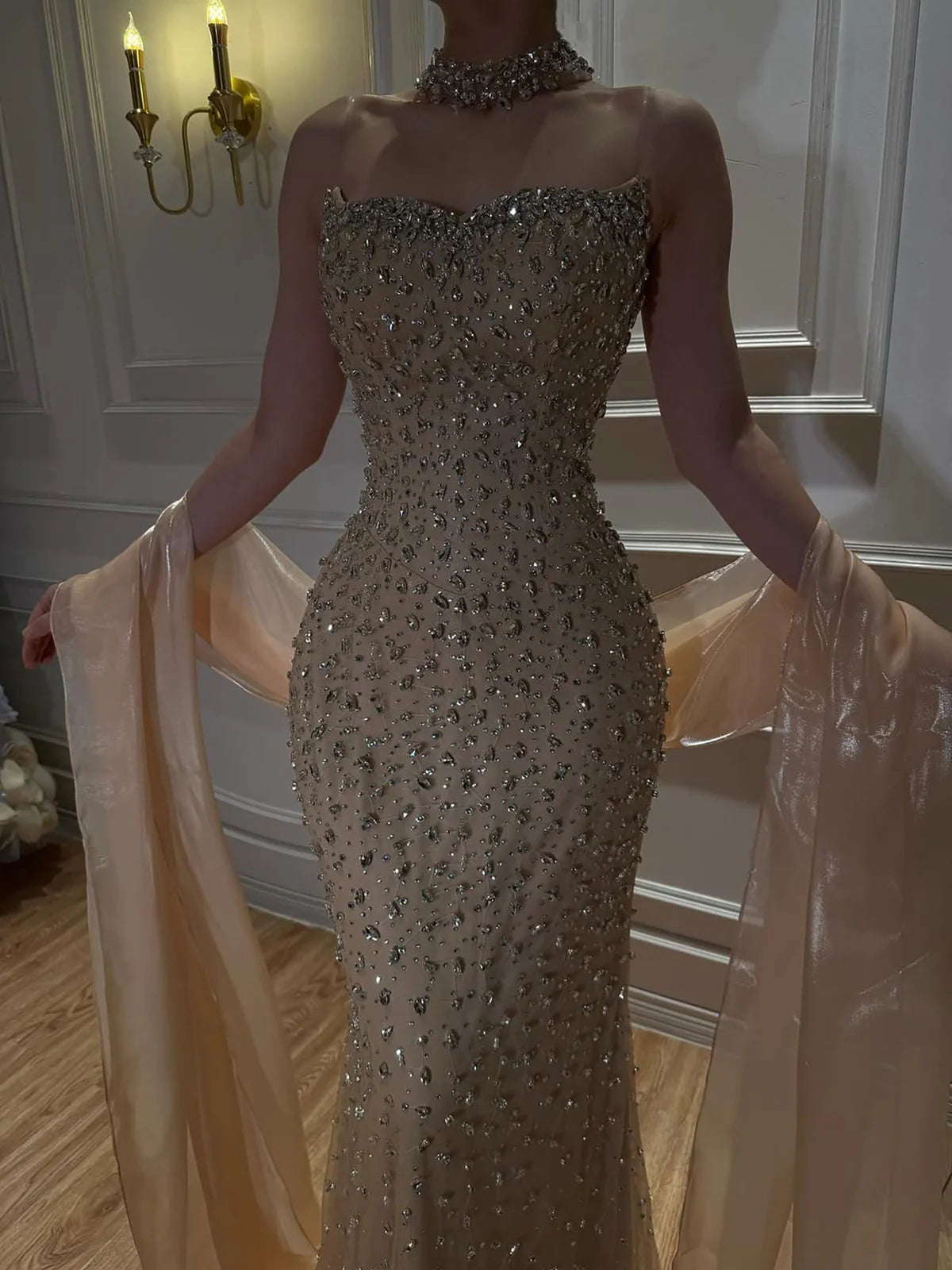 Royal Full-Crystal Mermaid Gown with Flowing Shoulder Cape