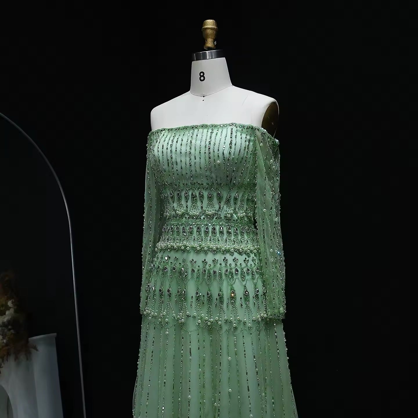 Luxury Beaded Sage Green A-Line Off Shoulder Evening Dress