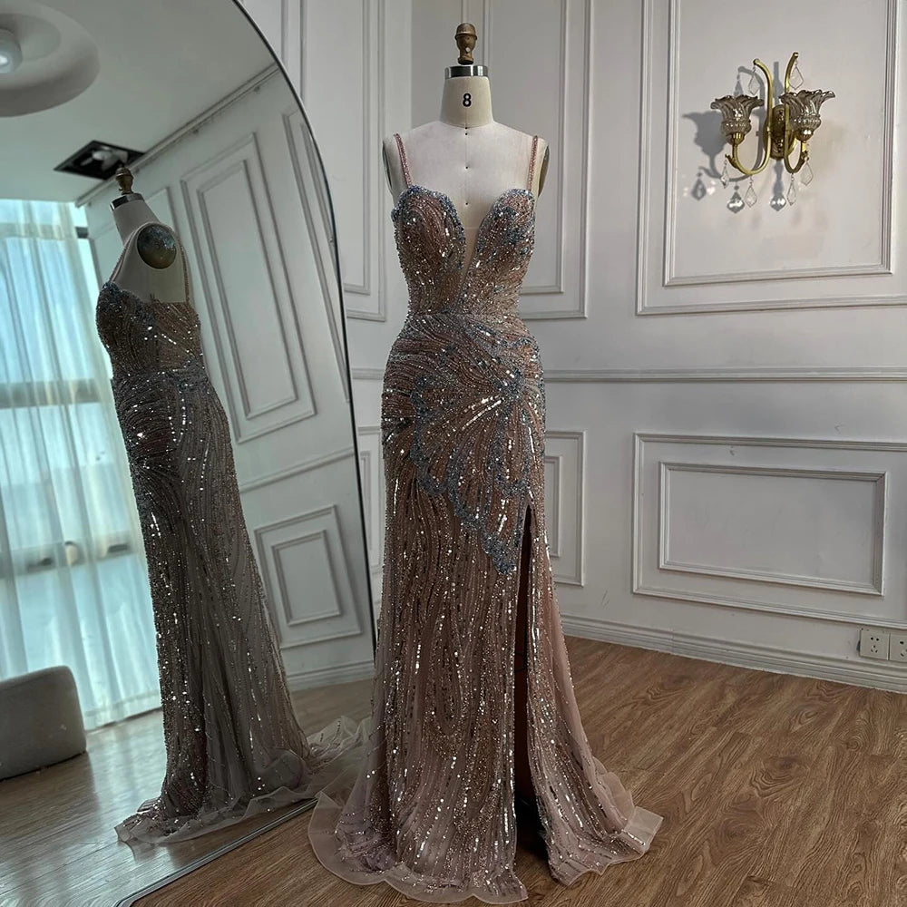 Beaded Evening Gown Available in Emerald Green & Nude