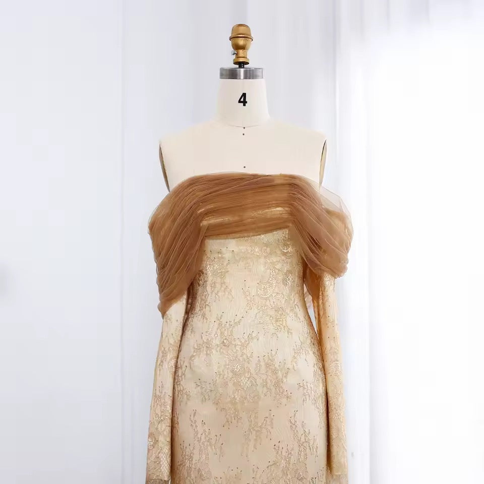 Draped Tulle & Lace Gown with Sheer Flow Cape