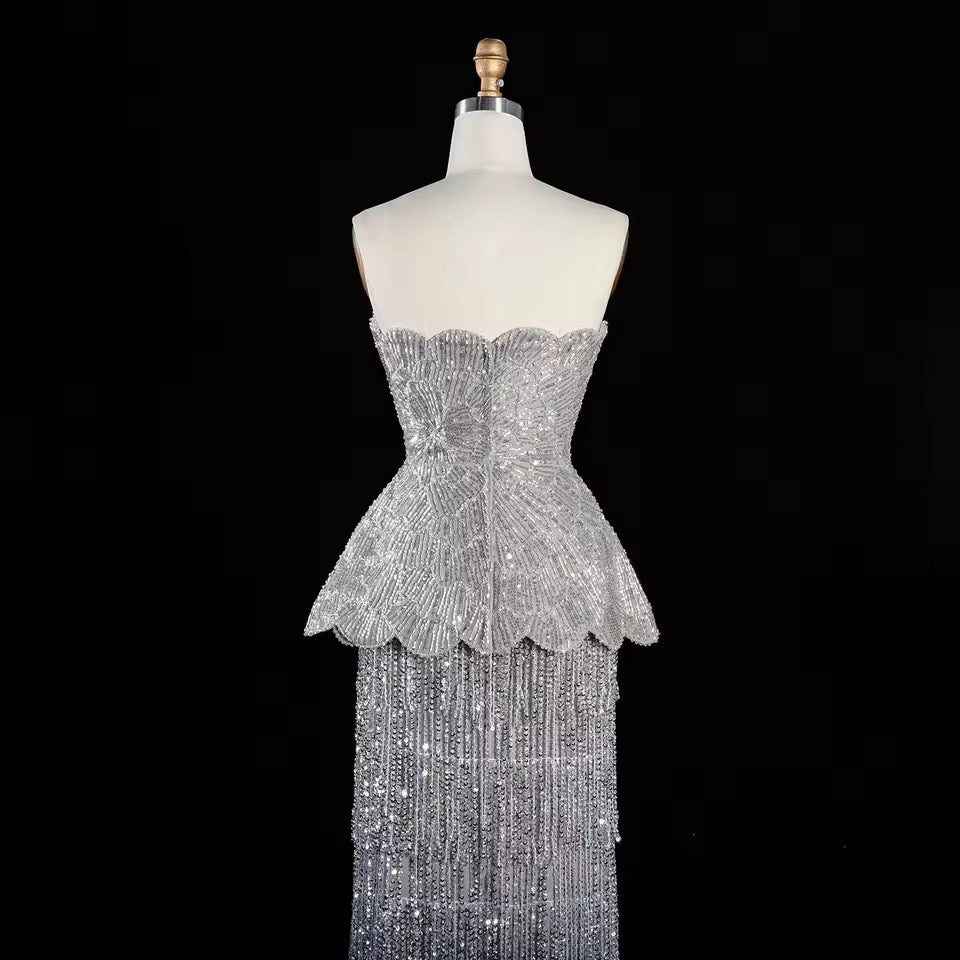 Silver Crystal-Embellished Peplum Fringe Gown