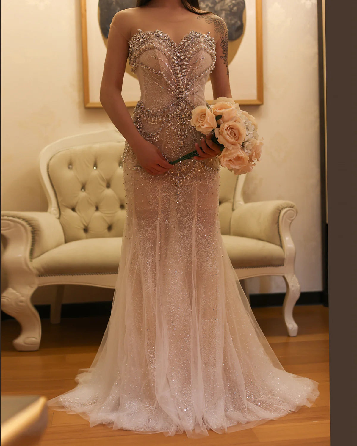 Luxury Crystal Pearls White Nude Mermaid Wedding Dress