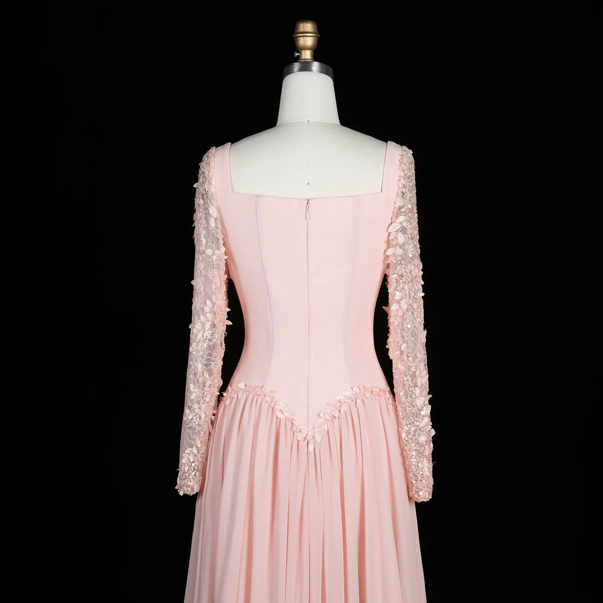 Baby Pink Long-Sleeve Evening Gown with Embellished Lace & V-Waist