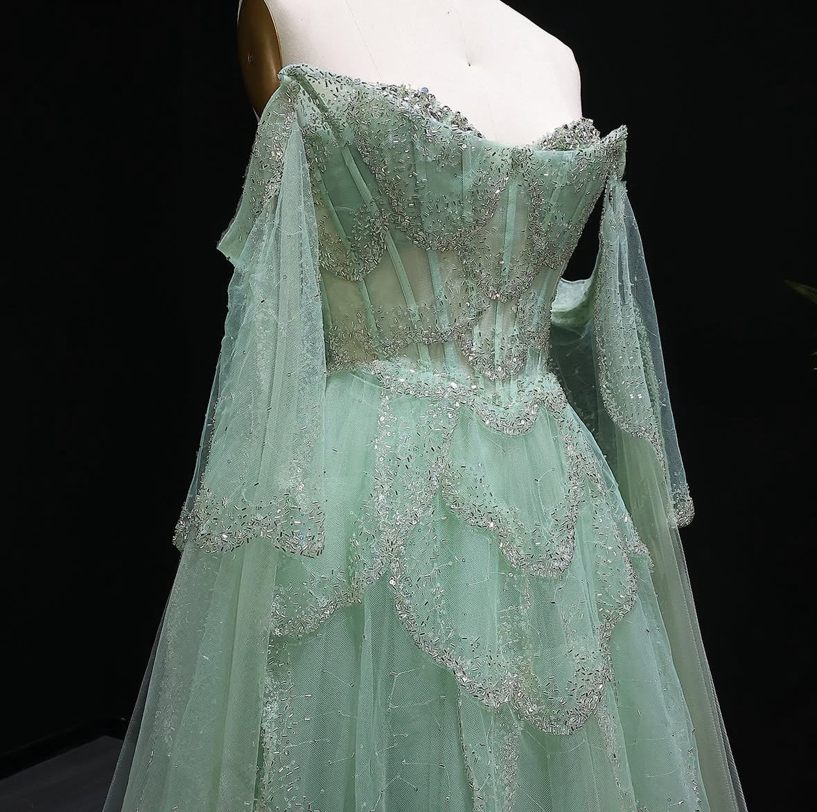 Luxury Sage Green Off-Shoulder Evening Gown with Cape Sleeves
