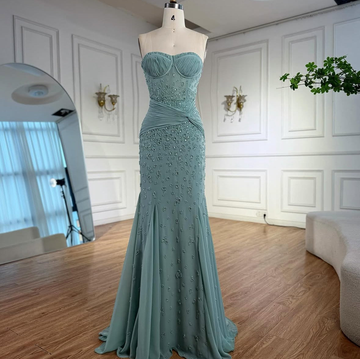 Sage Green Embellished Gown with Coordinated Gloves