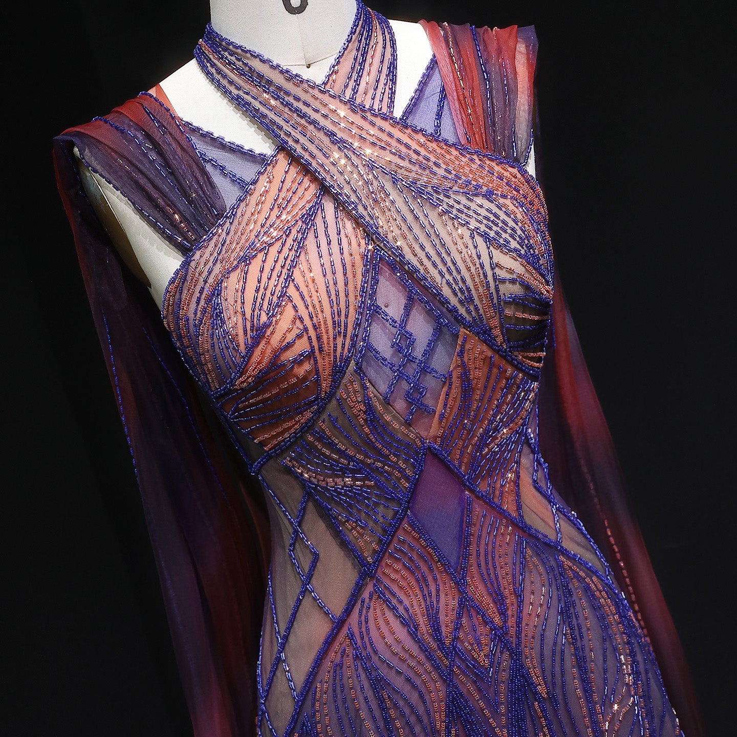 “Sunset Glow” Gown Hand Embroidered Luxury Dress in Violet & Fire Tones with Flowing Cape