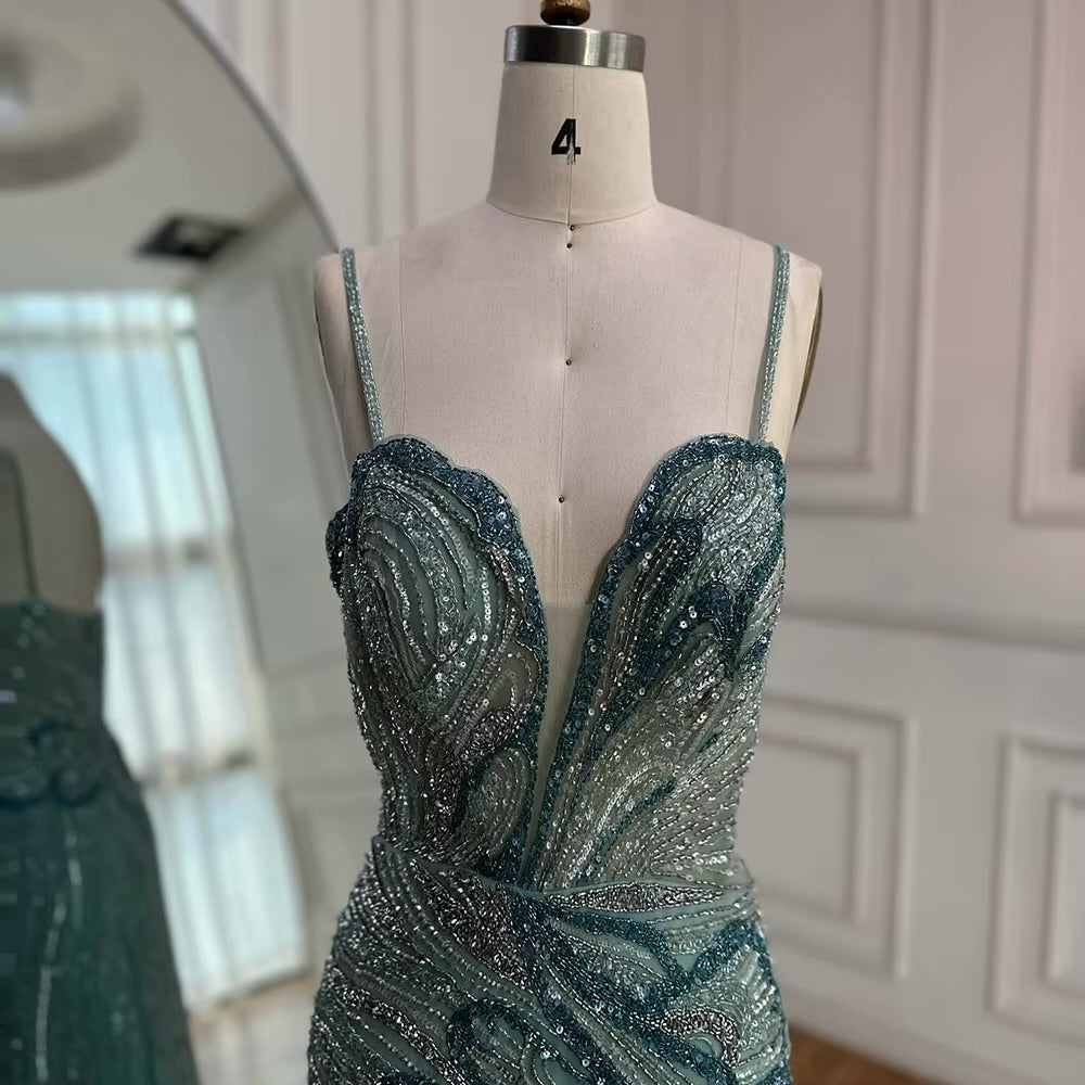 Beaded Evening Gown Available in Emerald Green & Nude