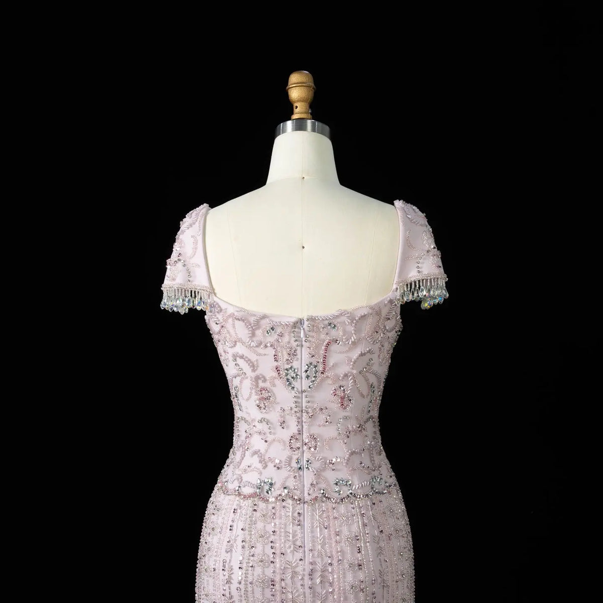 Royal Evening Gown with Cascading Crystal Beads and Floral Patterns
