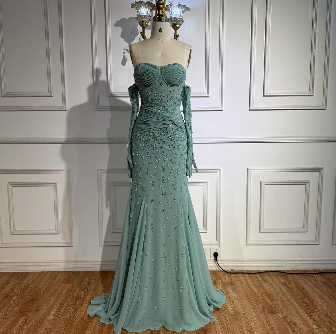 Sage Green Embellished Gown with Coordinated Gloves