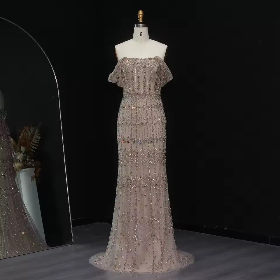 Crystal Glow” Gown – Off-shoulder embellished evening dress, available in two sleeve styles