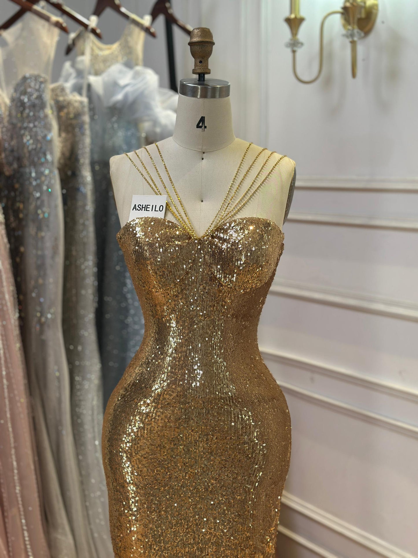 Golden Sequin Mermaid Gown with Beaded Straps