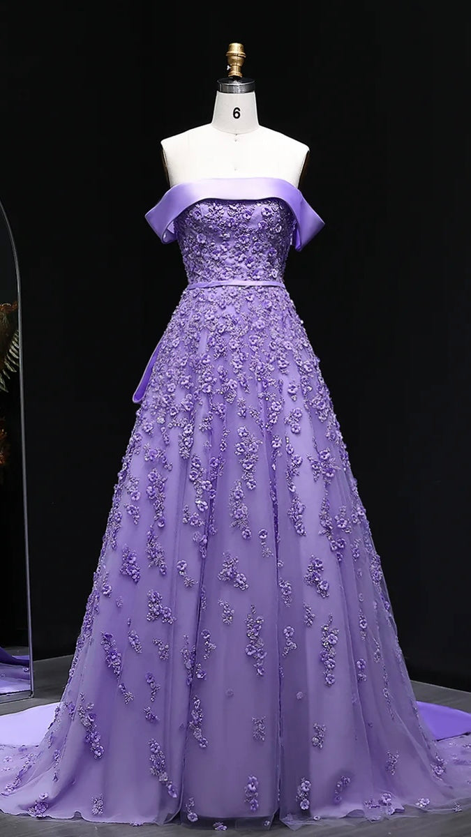 “Lilac Dawn” Gown – Royal Cut with 3D Embroidery & Luxe Train