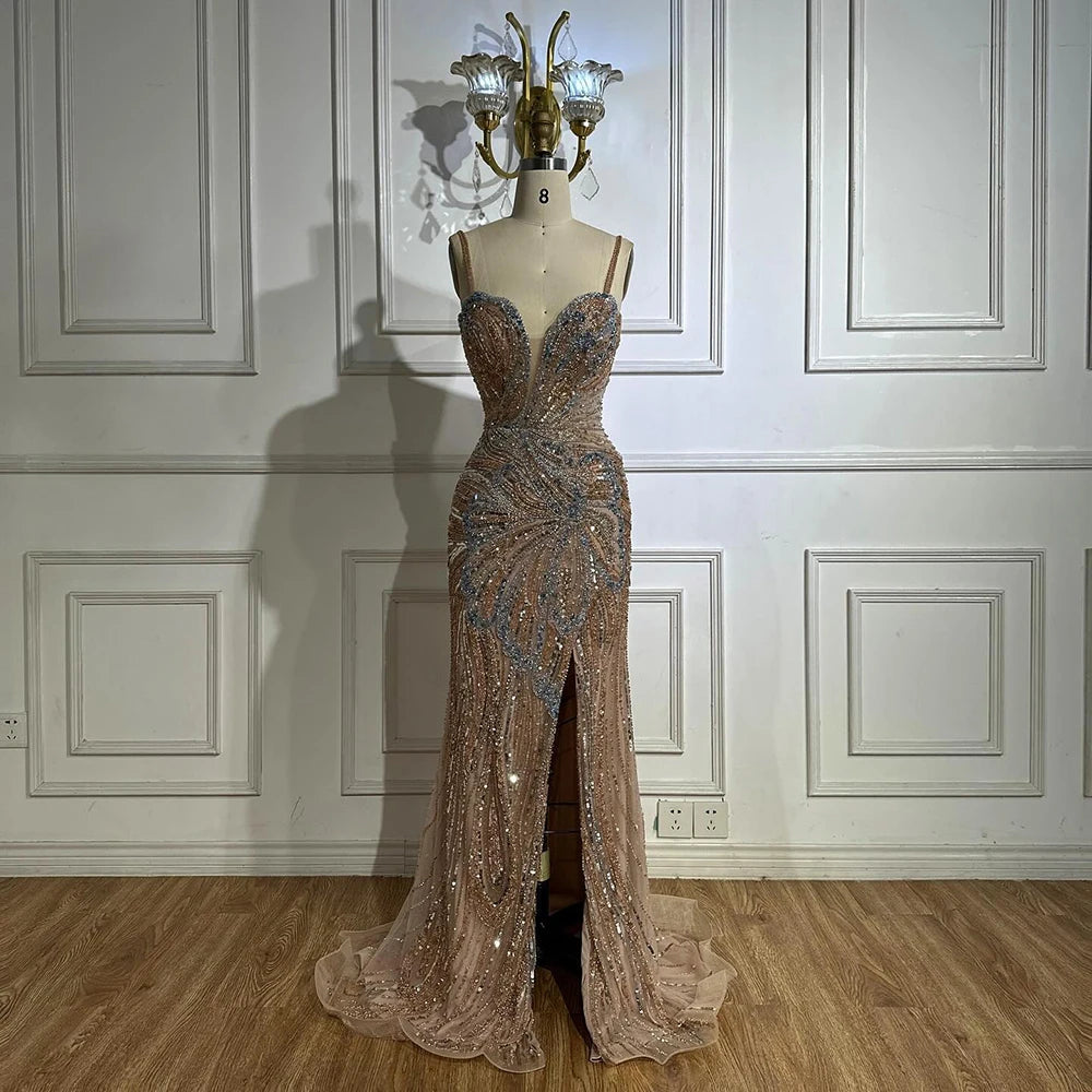 Beaded Evening Gown Available in Emerald Green & Nude
