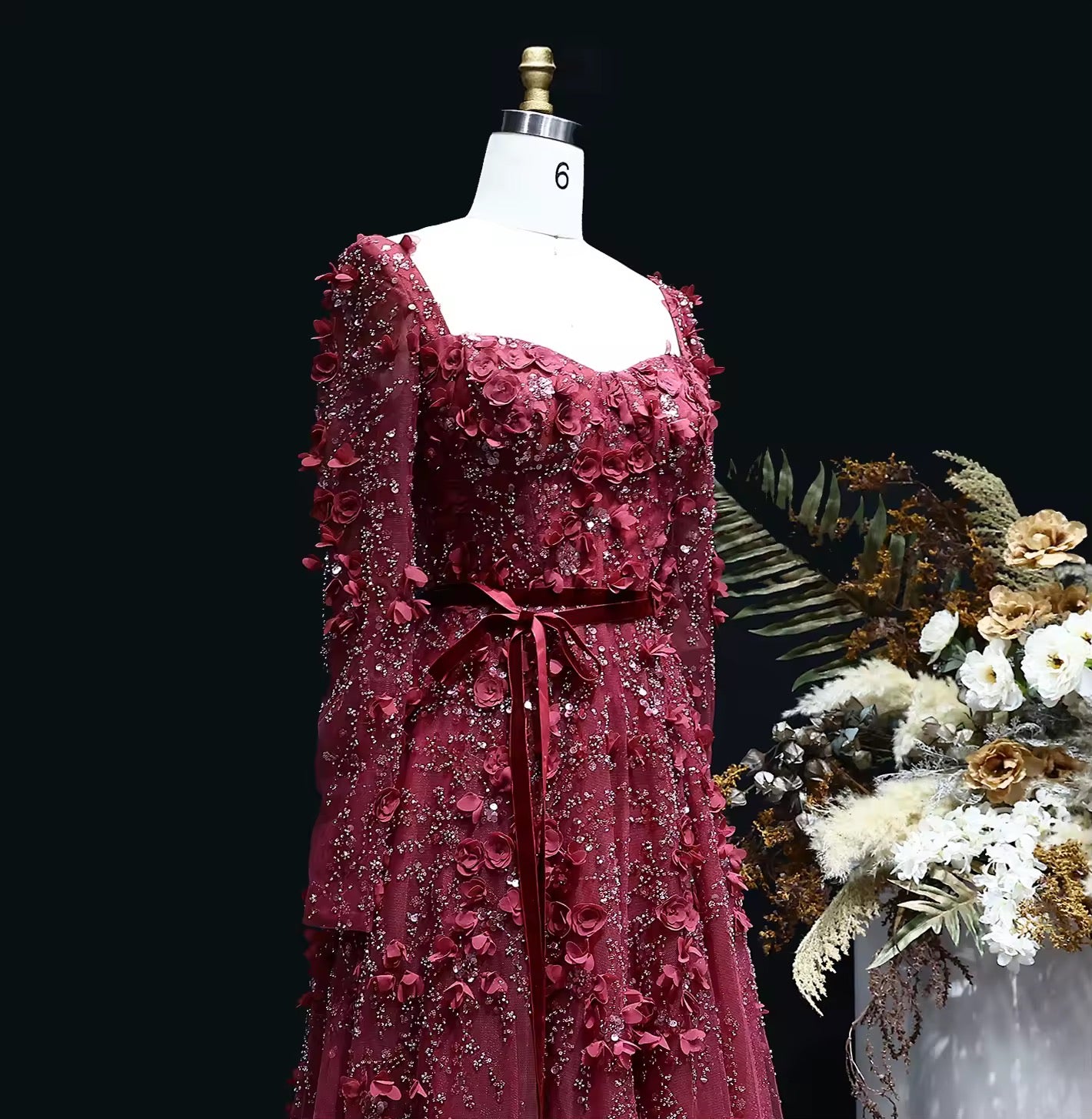 Luxury 3D Flower Long Sleeves Evening Dress
