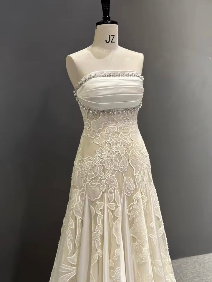 Pearl-Trimmed Strapless Gown with Lace Appliqué & Satin Panels