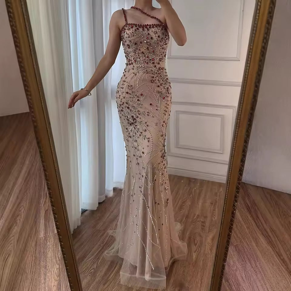 “Cherry Sparkle” Gown Red Crystal Beaded One-Shoulder Design