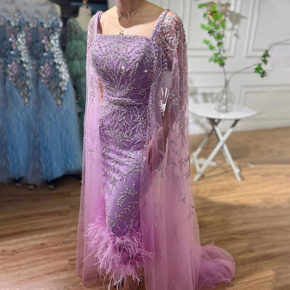 Luxury long open sleeve dress with feathers