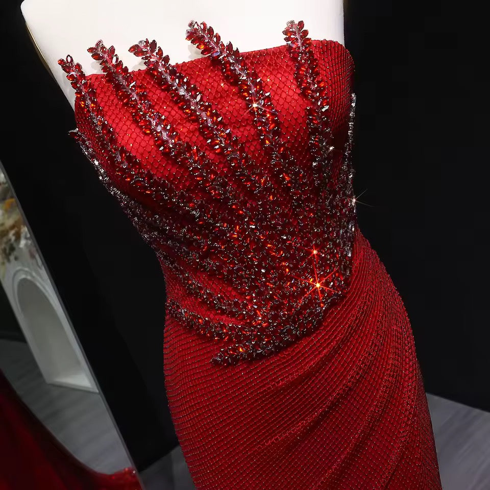 Flame of Elegance” Dress Burgundy Embellished with Crystals Featuring a Side Slit