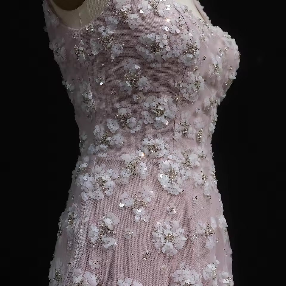 “Rose Dew” Gown – Soft Pink with 3D Floral Embroidery