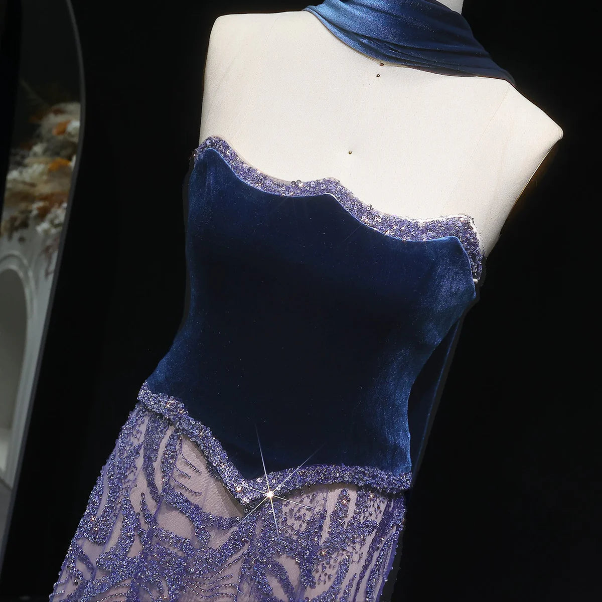 Gown with Velvet Corset & Flowing Scarf Drape
