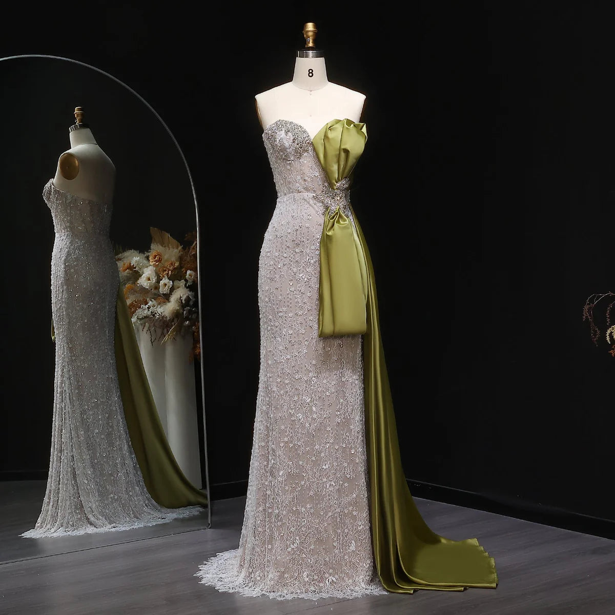 Strapless Crystal Gown with Satin Side Bow and Train