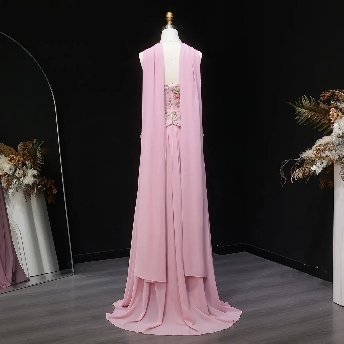 Luxury Form-Fitting Gown with Draped Scarf Train and Crystal-Floral Bodice