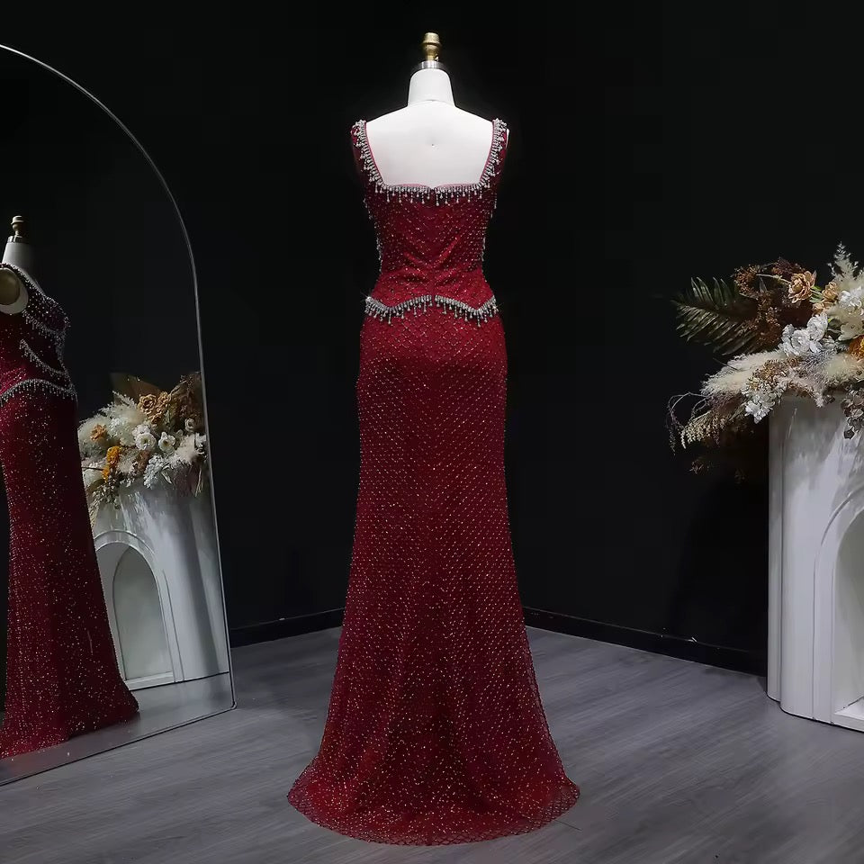 Luxury Beaded Crystal Long Straight Evening Dress
