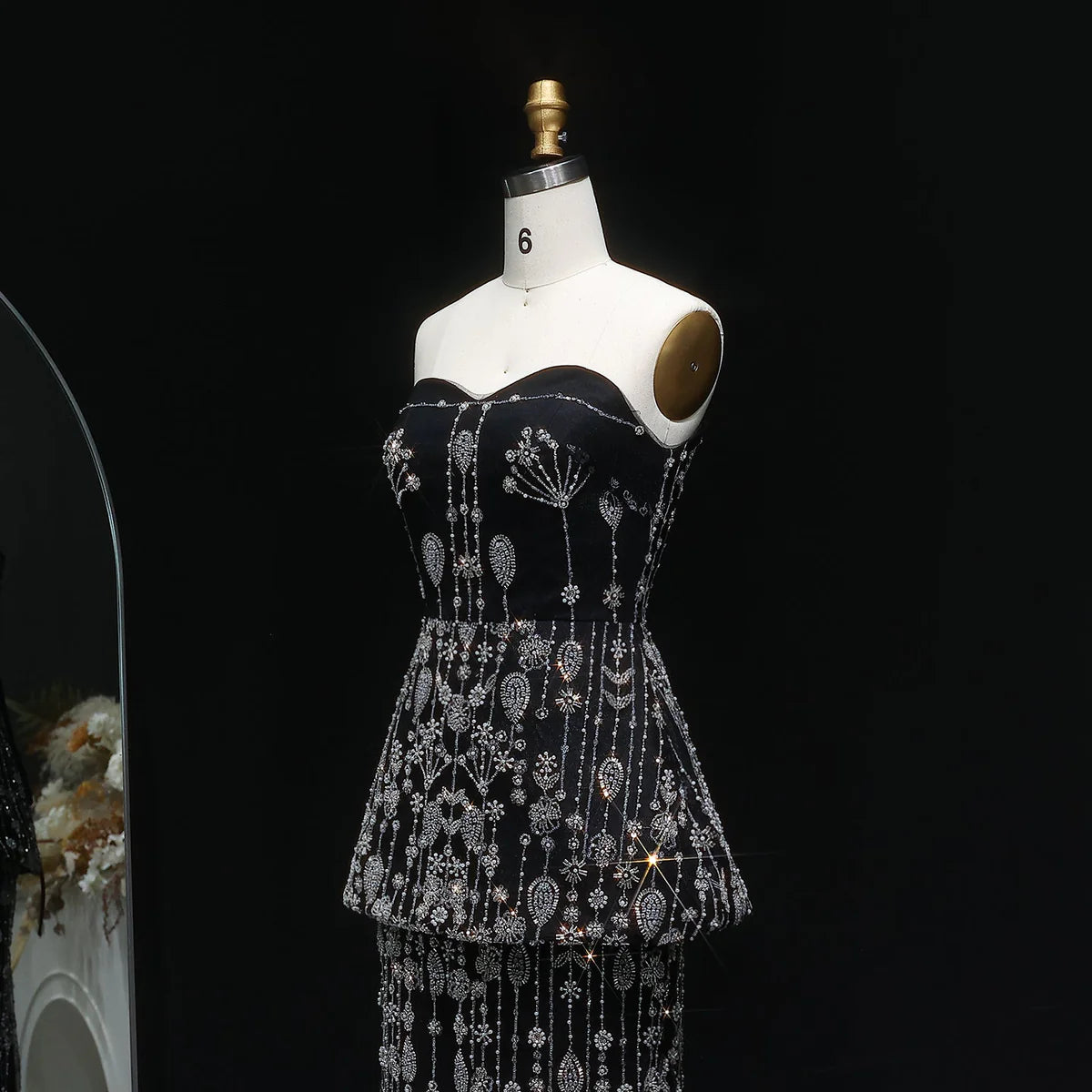“Black Royale” Strapless Gown with Crystal Peplum and Full Embellished Skirt