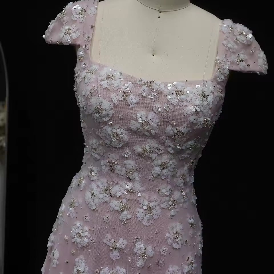 “Rose Dew” Gown – Soft Pink with 3D Floral Embroidery